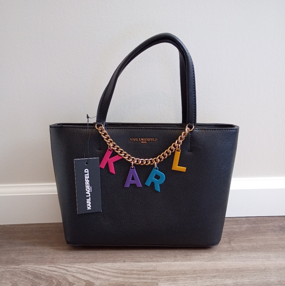 NWT Karl Lagerfeld Paris Black Vegan Leather Maybelle Charm Tote Crossbody Bag - Picture 2 of 10